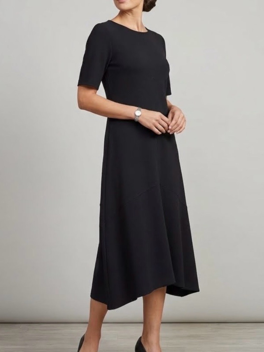 Chico's Black Ponte Knit Midi Dress Size 0P (S)Short Sleeve Seamed A-Line Petite